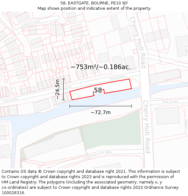 58, EASTGATE, BOURNE, PE10 9JY: Plot and title map