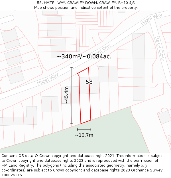 58, HAZEL WAY, CRAWLEY DOWN, CRAWLEY, RH10 4JS: Plot and title map