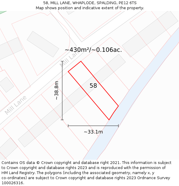 58, MILL LANE, WHAPLODE, SPALDING, PE12 6TS: Plot and title map