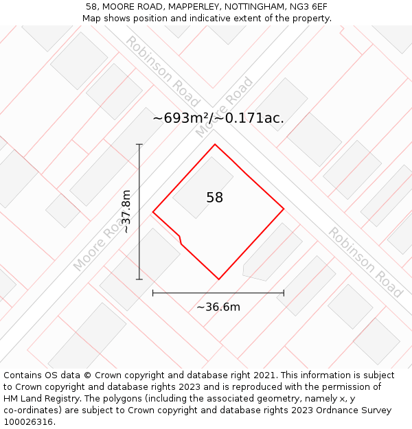 58, MOORE ROAD, MAPPERLEY, NOTTINGHAM, NG3 6EF: Plot and title map