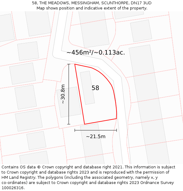 58, THE MEADOWS, MESSINGHAM, SCUNTHORPE, DN17 3UD: Plot and title map