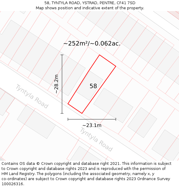 58, TYNTYLA ROAD, YSTRAD, PENTRE, CF41 7SD: Plot and title map
