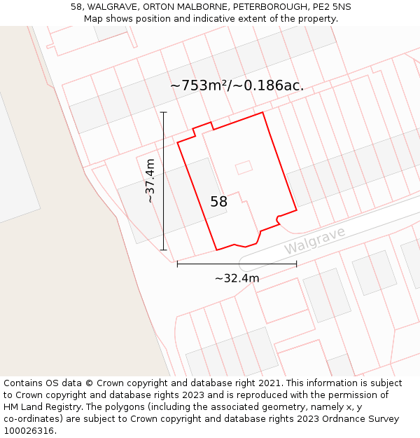 58, WALGRAVE, ORTON MALBORNE, PETERBOROUGH, PE2 5NS: Plot and title map