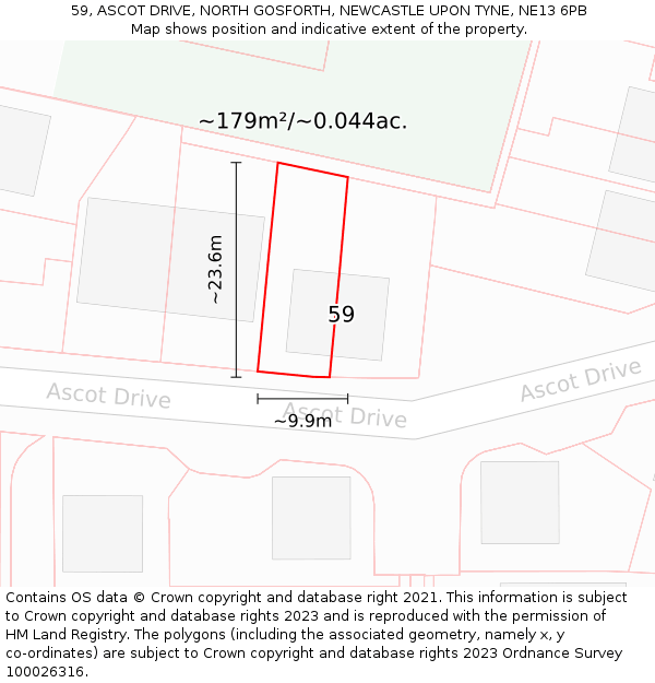 59, ASCOT DRIVE, NORTH GOSFORTH, NEWCASTLE UPON TYNE, NE13 6PB: Plot and title map