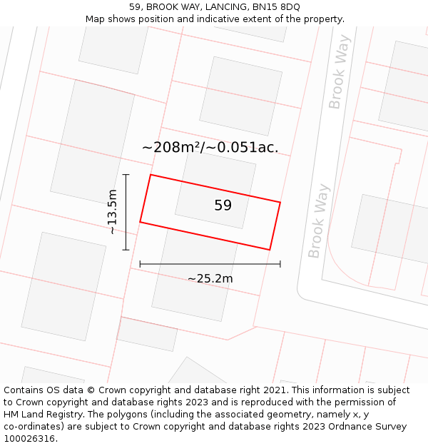 59, BROOK WAY, LANCING, BN15 8DQ: Plot and title map