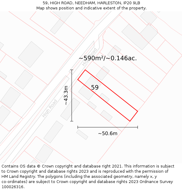 59, HIGH ROAD, NEEDHAM, HARLESTON, IP20 9LB: Plot and title map