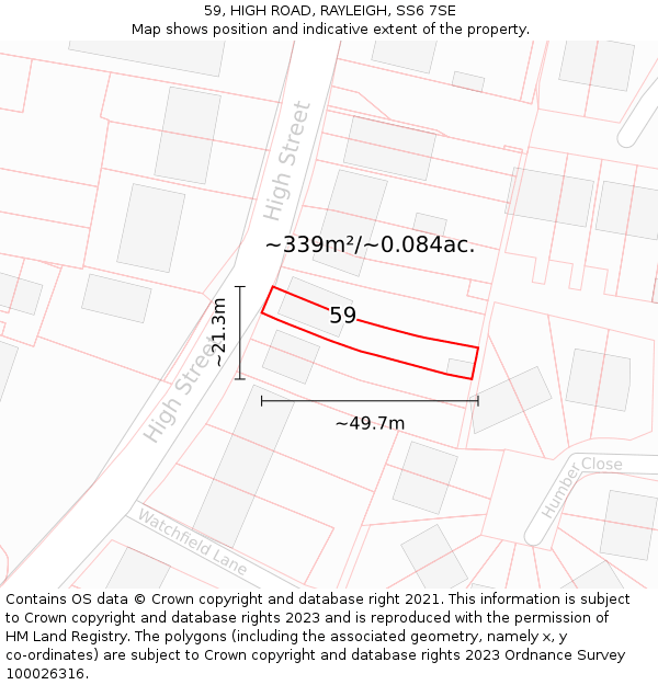 59, HIGH ROAD, RAYLEIGH, SS6 7SE: Plot and title map