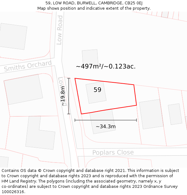 59, LOW ROAD, BURWELL, CAMBRIDGE, CB25 0EJ: Plot and title map