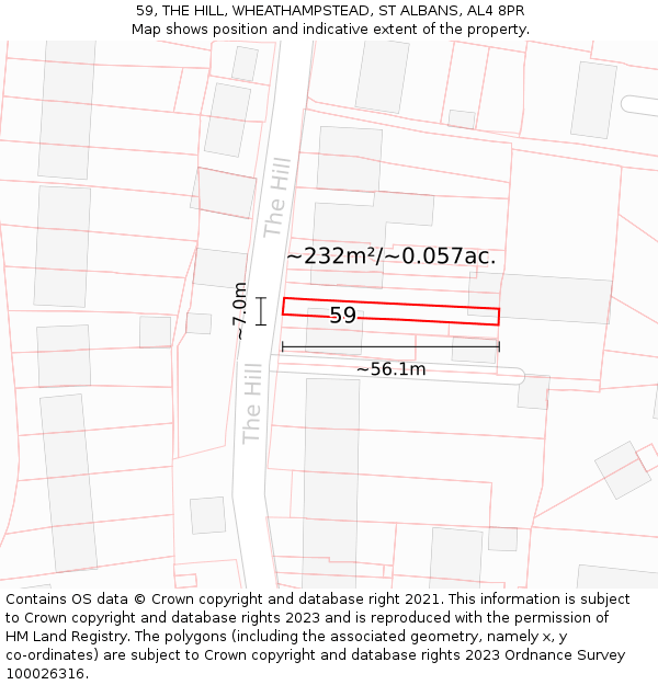 59, THE HILL, WHEATHAMPSTEAD, ST ALBANS, AL4 8PR: Plot and title map