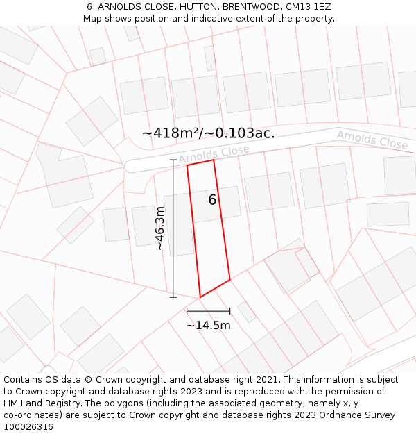 6, ARNOLDS CLOSE, HUTTON, BRENTWOOD, CM13 1EZ: Plot and title map