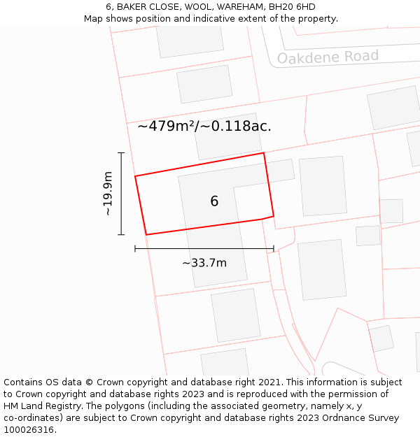 6, BAKER CLOSE, WOOL, WAREHAM, BH20 6HD: Plot and title map