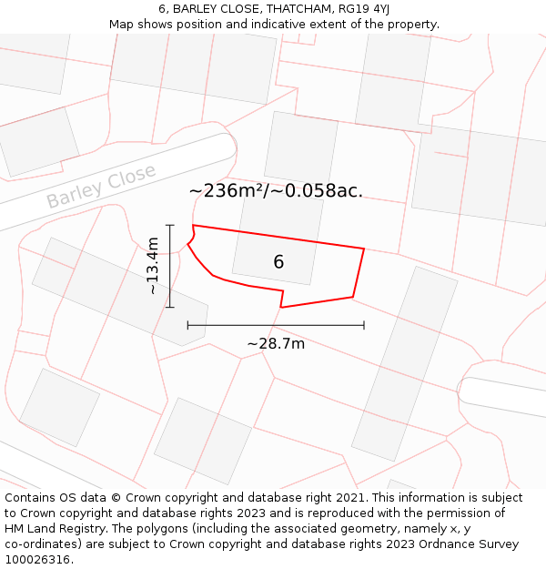 6, BARLEY CLOSE, THATCHAM, RG19 4YJ: Plot and title map