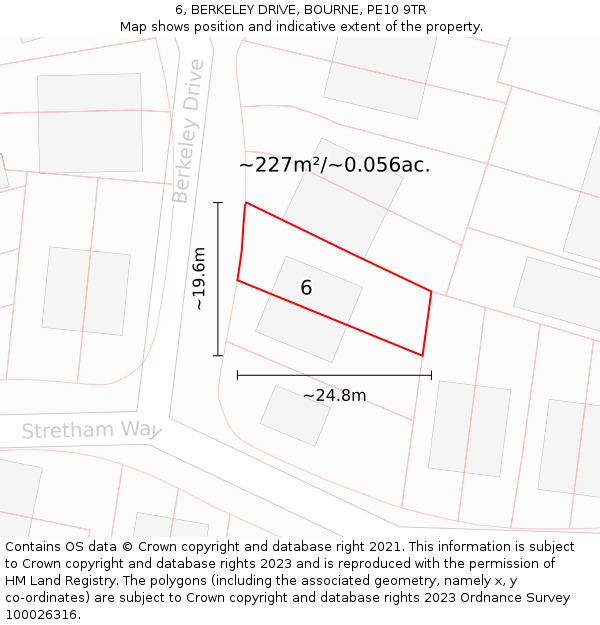 6, BERKELEY DRIVE, BOURNE, PE10 9TR: Plot and title map