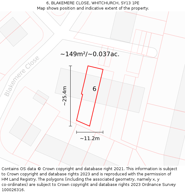 6, BLAKEMERE CLOSE, WHITCHURCH, SY13 1PE: Plot and title map