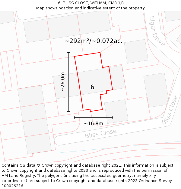 6, BLISS CLOSE, WITHAM, CM8 1JR: Plot and title map