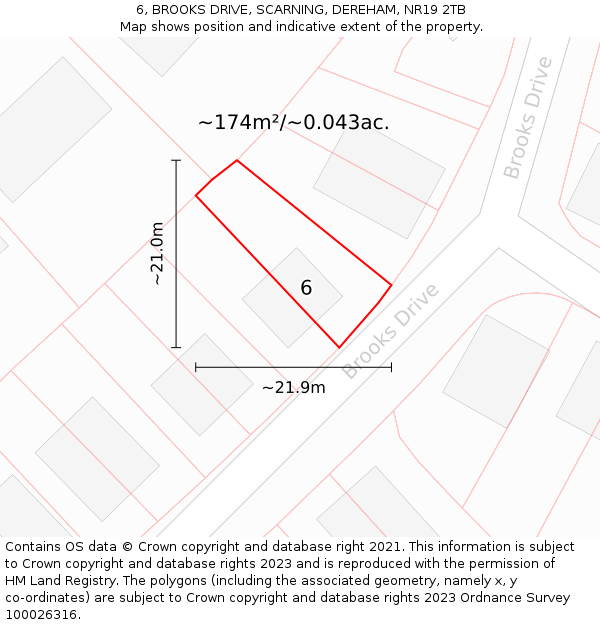 6, BROOKS DRIVE, SCARNING, DEREHAM, NR19 2TB: Plot and title map