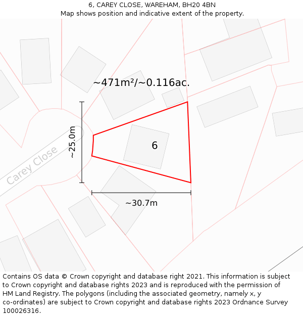 6, CAREY CLOSE, WAREHAM, BH20 4BN: Plot and title map