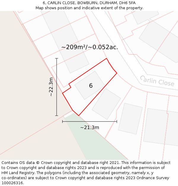 6, CARLIN CLOSE, BOWBURN, DURHAM, DH6 5FA: Plot and title map