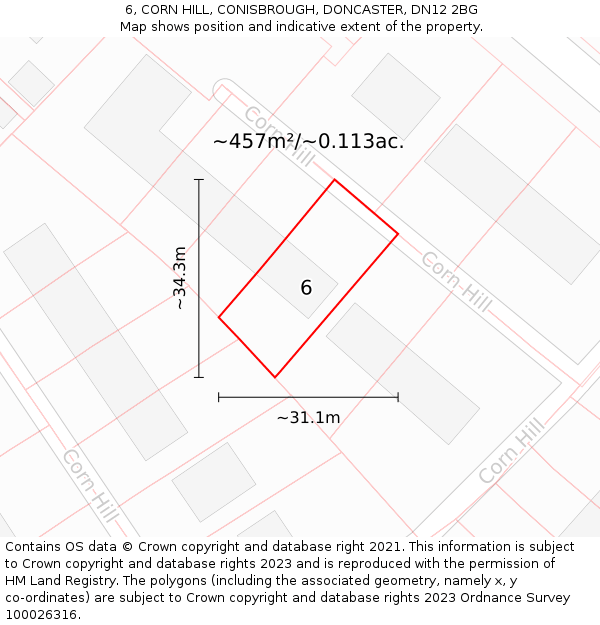 6, CORN HILL, CONISBROUGH, DONCASTER, DN12 2BG: Plot and title map