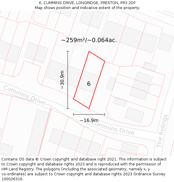 6, CUMMINS DRIVE, LONGRIDGE, PRESTON, PR3 2DF: Plot and title map