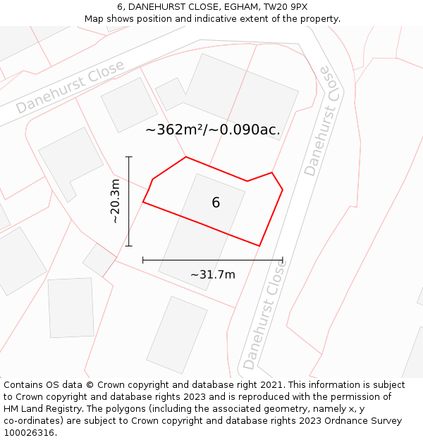 6, DANEHURST CLOSE, EGHAM, TW20 9PX: Plot and title map