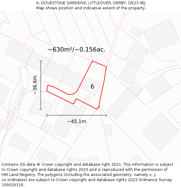 6, DOVESTONE GARDENS, LITTLEOVER, DERBY, DE23 4EJ: Plot and title map