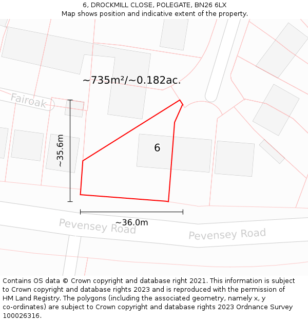 6, DROCKMILL CLOSE, POLEGATE, BN26 6LX: Plot and title map