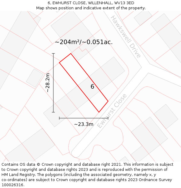 6, EWHURST CLOSE, WILLENHALL, WV13 3ED: Plot and title map