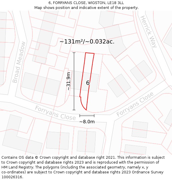 6, FORRYANS CLOSE, WIGSTON, LE18 3LL: Plot and title map