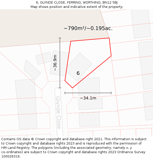 6, GLYNDE CLOSE, FERRING, WORTHING, BN12 5BJ: Plot and title map