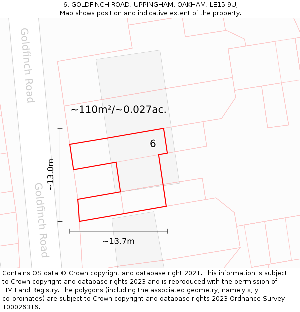 6, GOLDFINCH ROAD, UPPINGHAM, OAKHAM, LE15 9UJ: Plot and title map