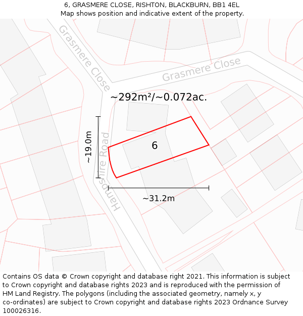 6, GRASMERE CLOSE, RISHTON, BLACKBURN, BB1 4EL: Plot and title map