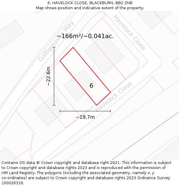 6, HAVELOCK CLOSE, BLACKBURN, BB2 2NB: Plot and title map