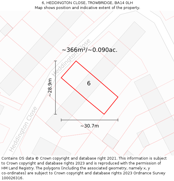 6, HEDDINGTON CLOSE, TROWBRIDGE, BA14 0LH: Plot and title map