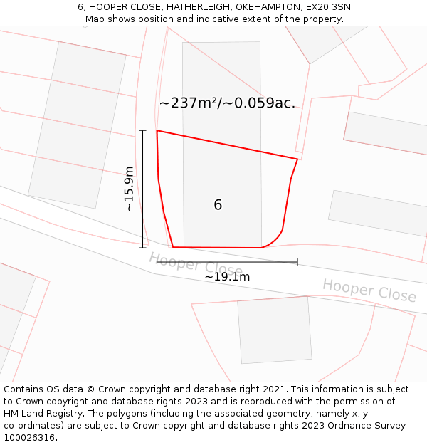 6, HOOPER CLOSE, HATHERLEIGH, OKEHAMPTON, EX20 3SN: Plot and title map
