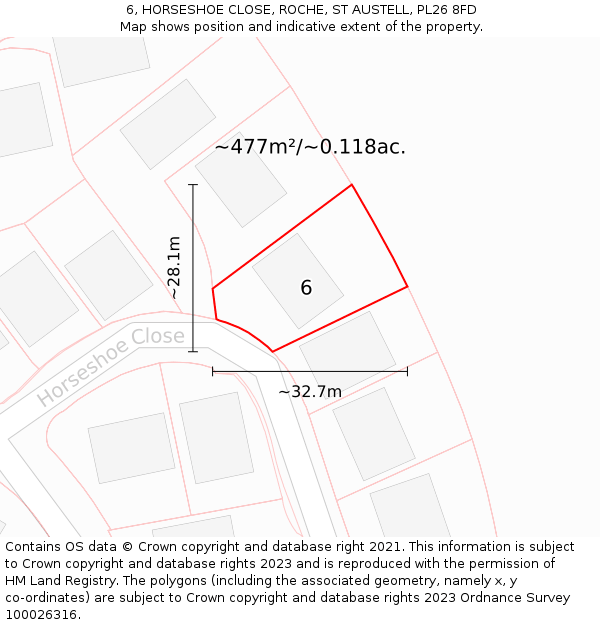 6, HORSESHOE CLOSE, ROCHE, ST AUSTELL, PL26 8FD: Plot and title map