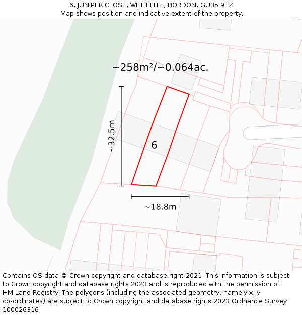 6, JUNIPER CLOSE, WHITEHILL, BORDON, GU35 9EZ: Plot and title map