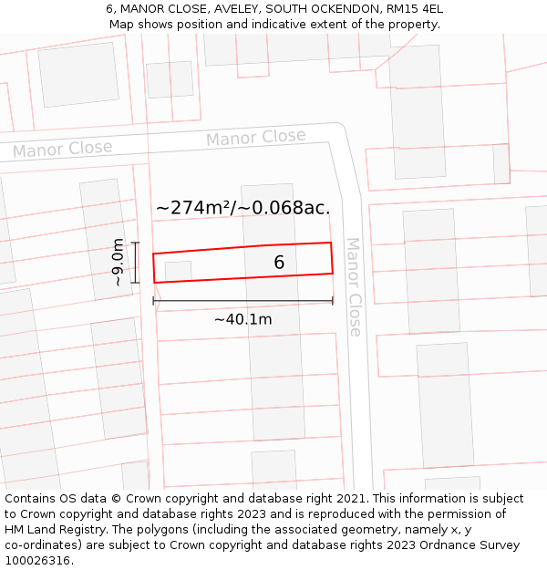 6, MANOR CLOSE, AVELEY, SOUTH OCKENDON, RM15 4EL: Plot and title map
