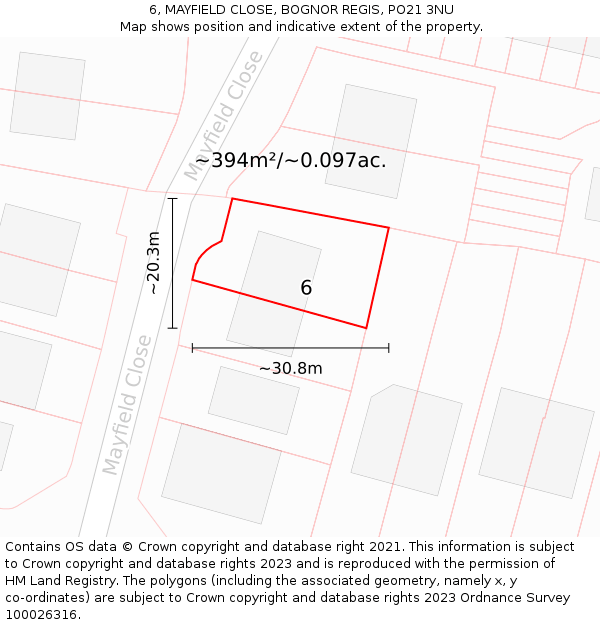 6, MAYFIELD CLOSE, BOGNOR REGIS, PO21 3NU: Plot and title map