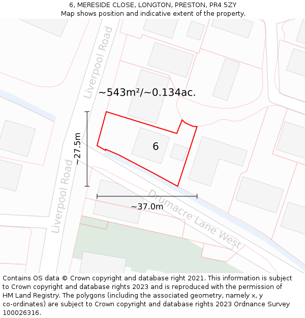 6, MERESIDE CLOSE, LONGTON, PRESTON, PR4 5ZY: Plot and title map