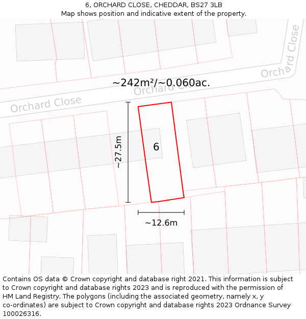 6, ORCHARD CLOSE, CHEDDAR, BS27 3LB: Plot and title map