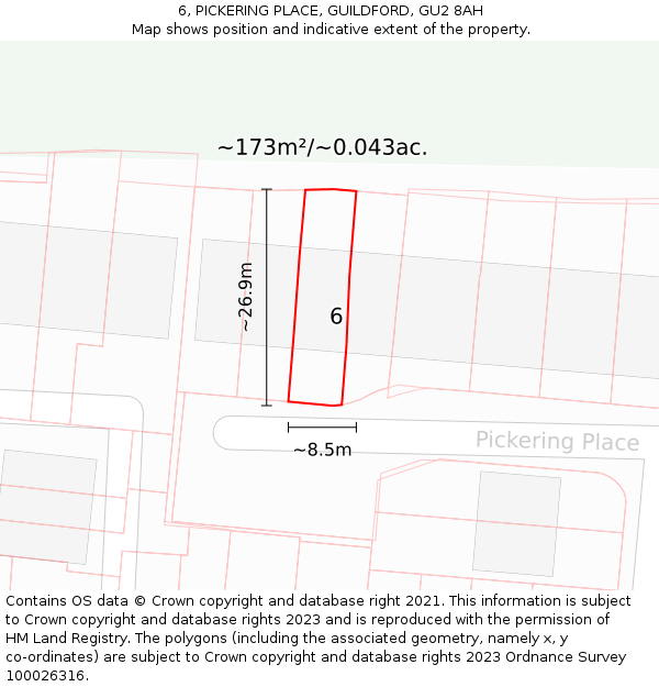 6, PICKERING PLACE, GUILDFORD, GU2 8AH: Plot and title map