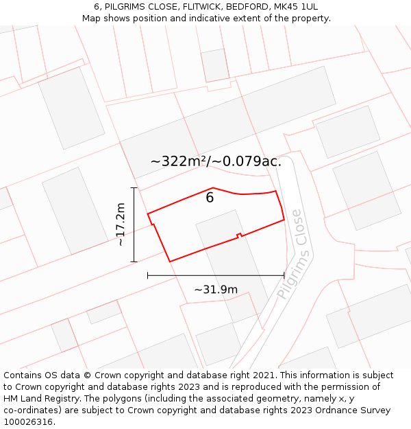 6, PILGRIMS CLOSE, FLITWICK, BEDFORD, MK45 1UL: Plot and title map