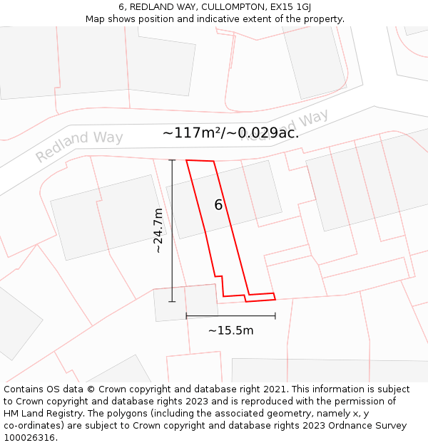 6, REDLAND WAY, CULLOMPTON, EX15 1GJ: Plot and title map