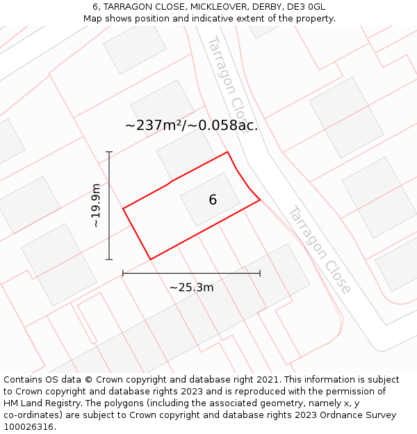 6, TARRAGON CLOSE, MICKLEOVER, DERBY, DE3 0GL: Plot and title map