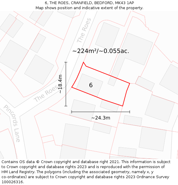 6, THE ROES, CRANFIELD, BEDFORD, MK43 1AP: Plot and title map