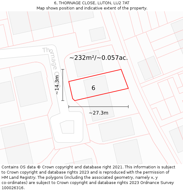 6, THORNAGE CLOSE, LUTON, LU2 7AT: Plot and title map