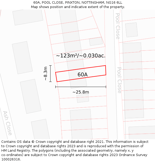 60A, POOL CLOSE, PINXTON, NOTTINGHAM, NG16 6LL: Plot and title map