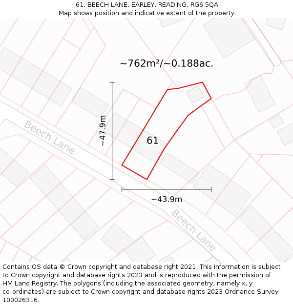 61, BEECH LANE, EARLEY, READING, RG6 5QA: Plot and title map