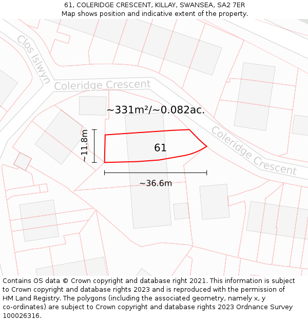 61, COLERIDGE CRESCENT, KILLAY, SWANSEA, SA2 7ER: Plot and title map